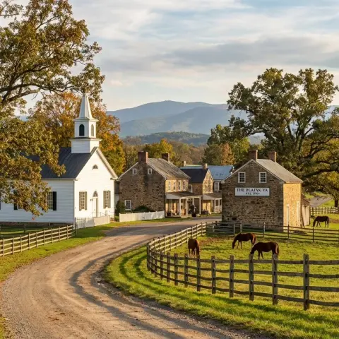 Historic village of The Plains Virginia with church steeple, brick buildings, and rolling Fauquier County hills