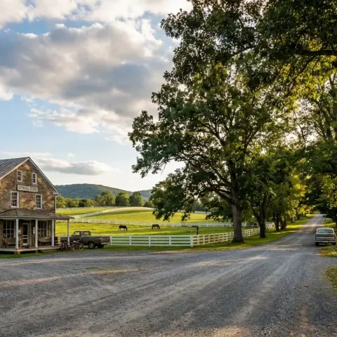 Country road through The Plains Virginia with historic buildings, white horse fences, and rolling Piedmont hills in the background