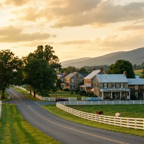 Rolling Virginia horse country landscape near The Plains with white fences, green pastures, and mature hardwood trees