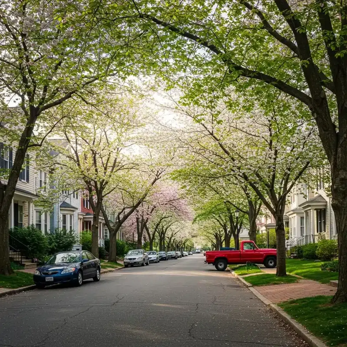 Typical tree-lined residential street in Virginia or Maryland