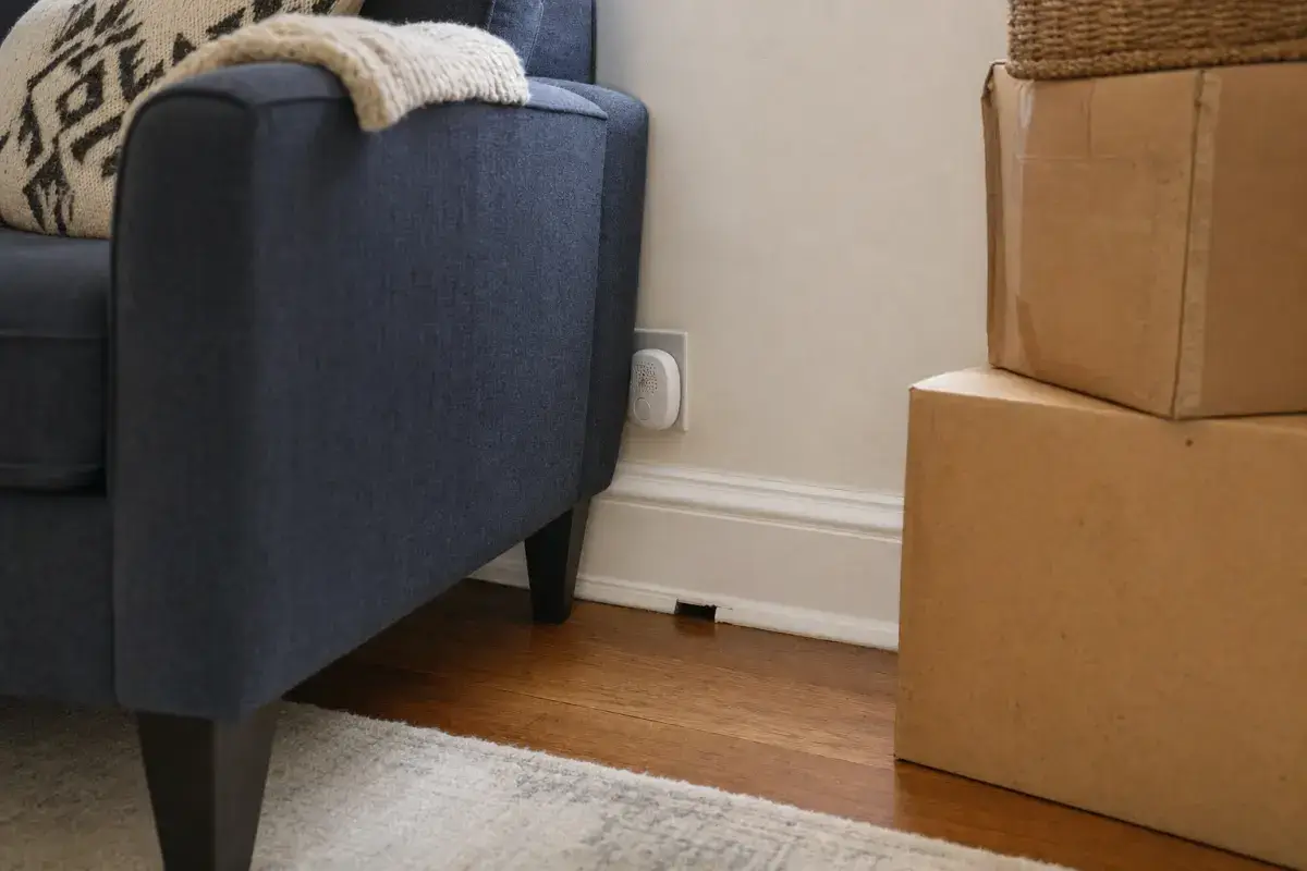 A plug-in ultrasonic repeller in a low outlet partly hidden between a sofa and cardboard boxes, with a small gap in the baseboard nearby