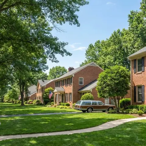 Charming suburban street in Upper Marlboro, Maryland with brick colonial homes and mature oak trees