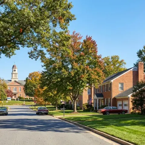 Charming suburban street in Upper Marlboro Maryland with brick colonial homes and mature trees