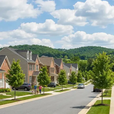 Charming suburban street in Urbana, Maryland with colonial-style homes and manicured lawns