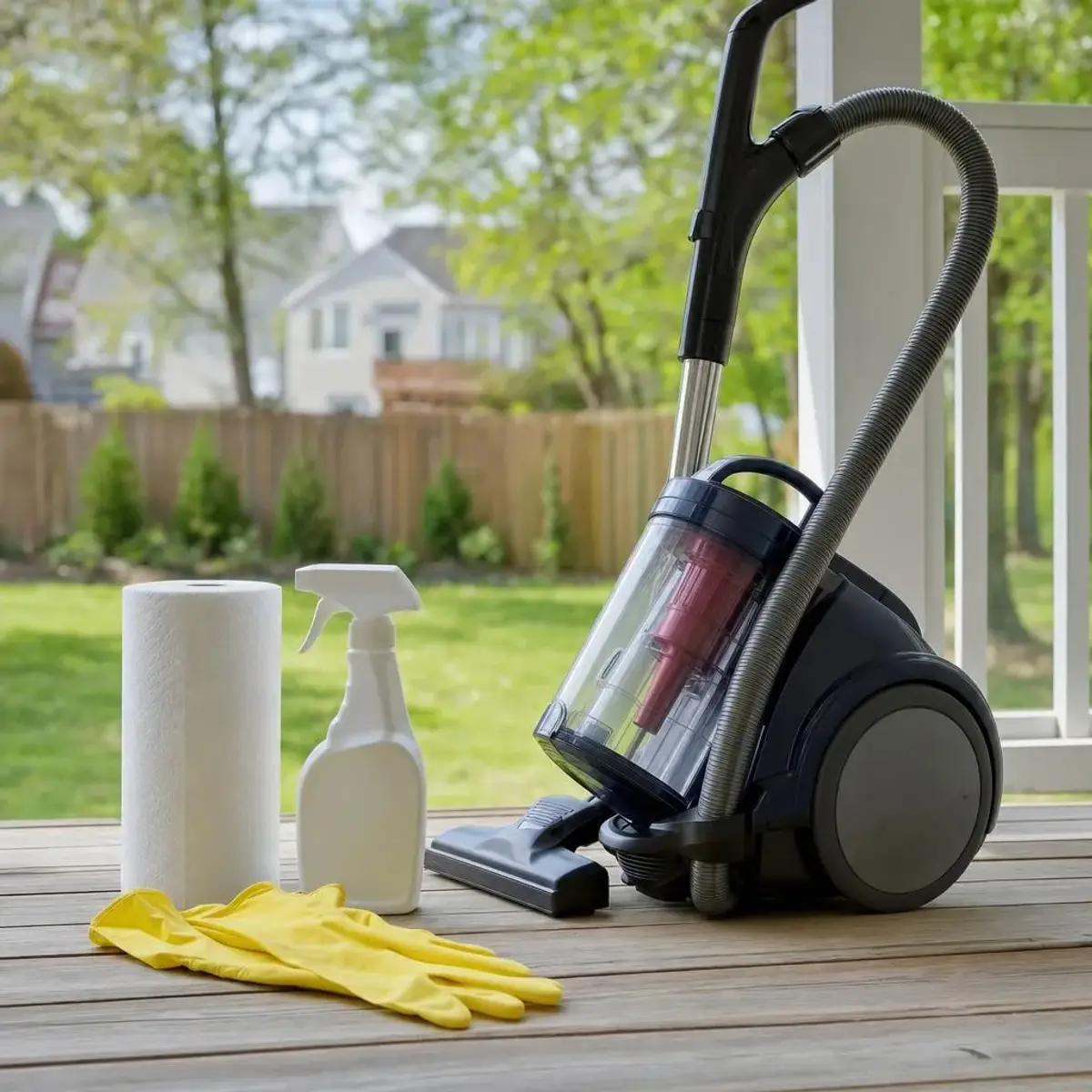 Bagless vacuum cleaner on an outdoor porch next to rubber gloves, a disinfectant spray bottle and paper towels