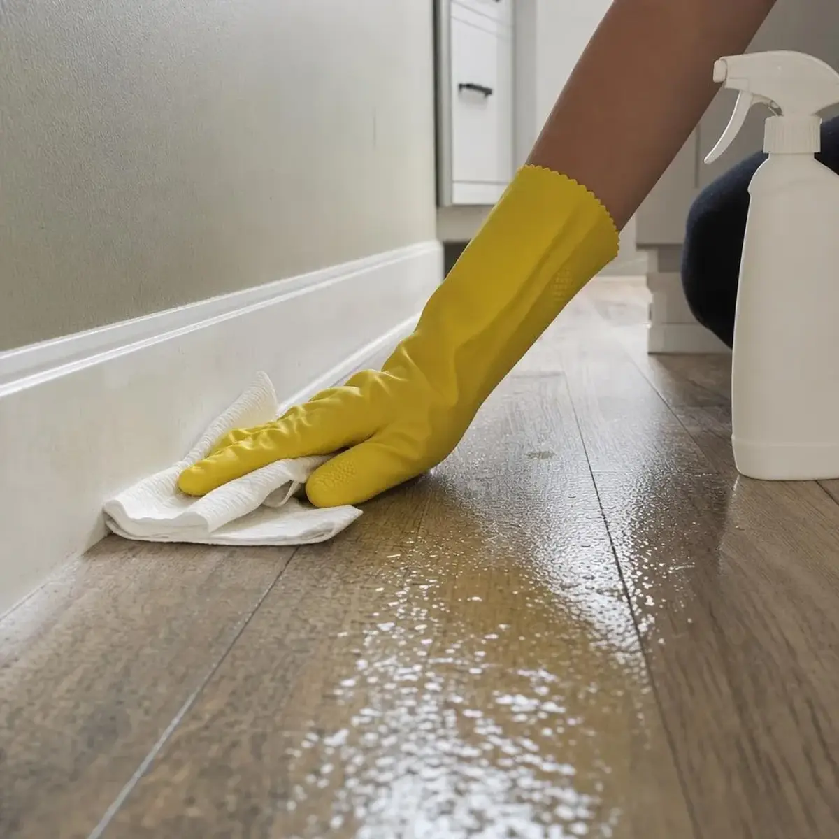 Gloved hand wiping a wet floor along a baseboard with a paper towel after spraying disinfectant