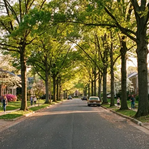 Tree-lined residential street in Vienna Virginia with colonial-style homes, mature oak canopy, and landscaped yards