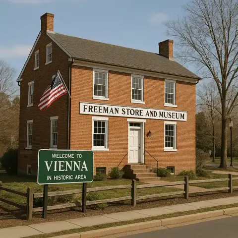 Brick building with a sign reading "Freeman Store and Museum" and an American flag, next to a green sign that says "Welcome to Vienna in Historic Area."