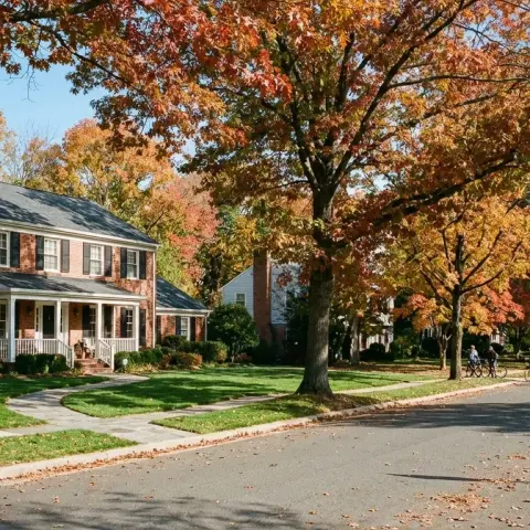 Tree-lined residential street in Vienna Virginia with a classic brick colonial home and mature oak canopy