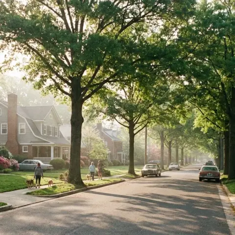 Tree-lined residential street in Vienna, Virginia with colonial-style homes and manicured lawns