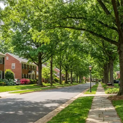 Tree-lined suburban street in Vienna Virginia with brick colonial homes and mature oak trees