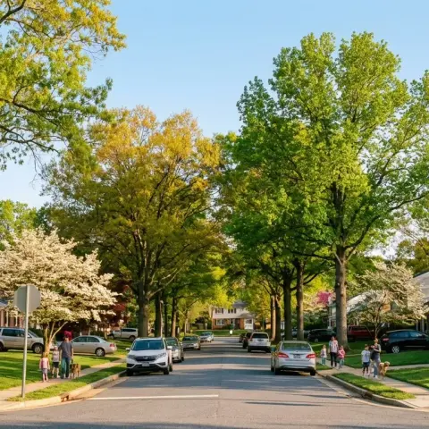 Tree-lined suburban neighborhood street in Waldorf, Maryland with well-maintained homes and green lawns