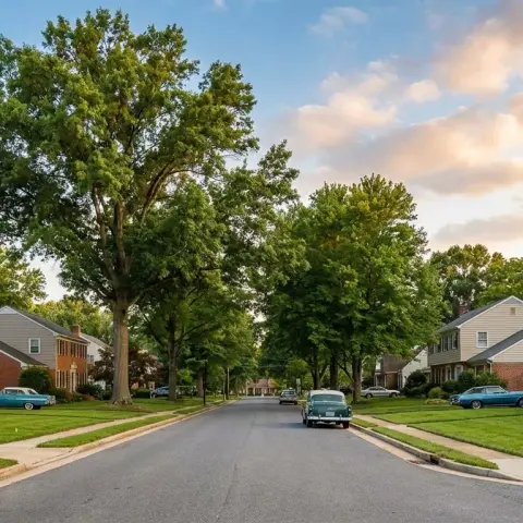 Charming suburban street in Waldorf, Maryland with mature trees and well-maintained homes