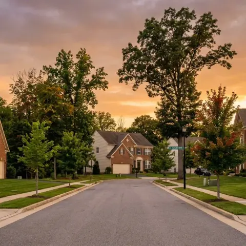 Suburban neighborhood street in Waldorf Maryland Charles County with well-maintained homes and mature trees