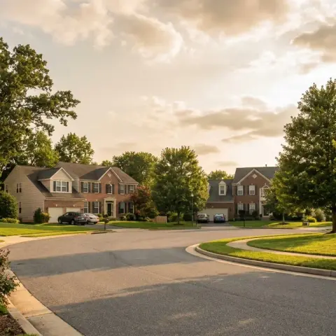 Suburban neighborhood in Waldorf Maryland with two-story colonial homes, mature trees, and lush green landscaping