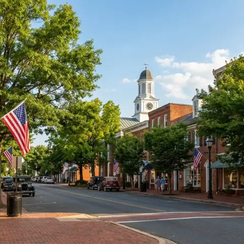 Historic downtown Warrenton, Virginia with tree-lined streets and brick storefronts in the Fauquier County seat