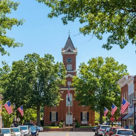 Historic downtown Warrenton, Virginia streetscape with brick buildings and mature oak trees
