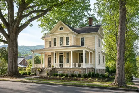 Historic clapboard home with a deep wooden front porch and fieldstone foundation on a tree-lined street in Warrenton Virginia