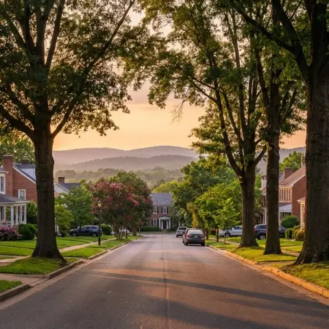 Suburban neighborhood in Warrenton Virginia with colonial homes on wooded lots and Piedmont hills in the background