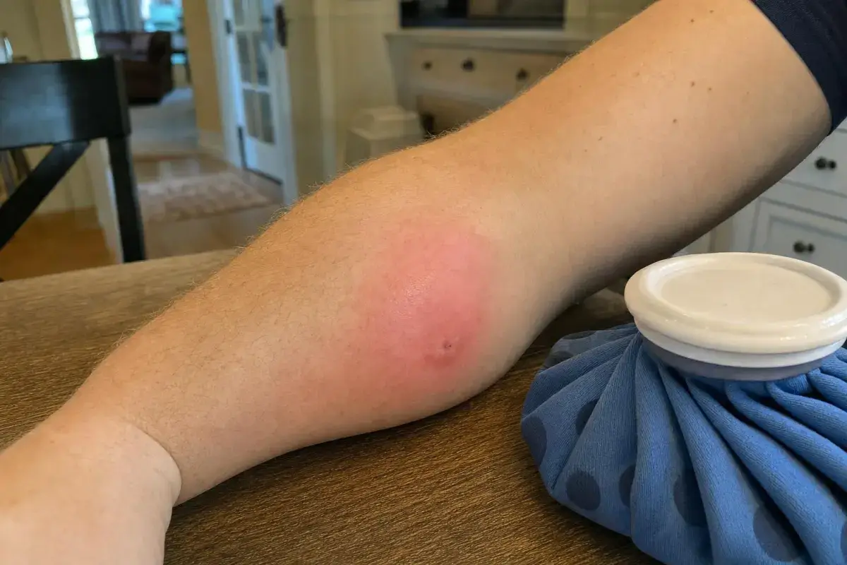 Illustration of a swollen, pink forearm two days after a wasp sting, with an ice pack resting beside it