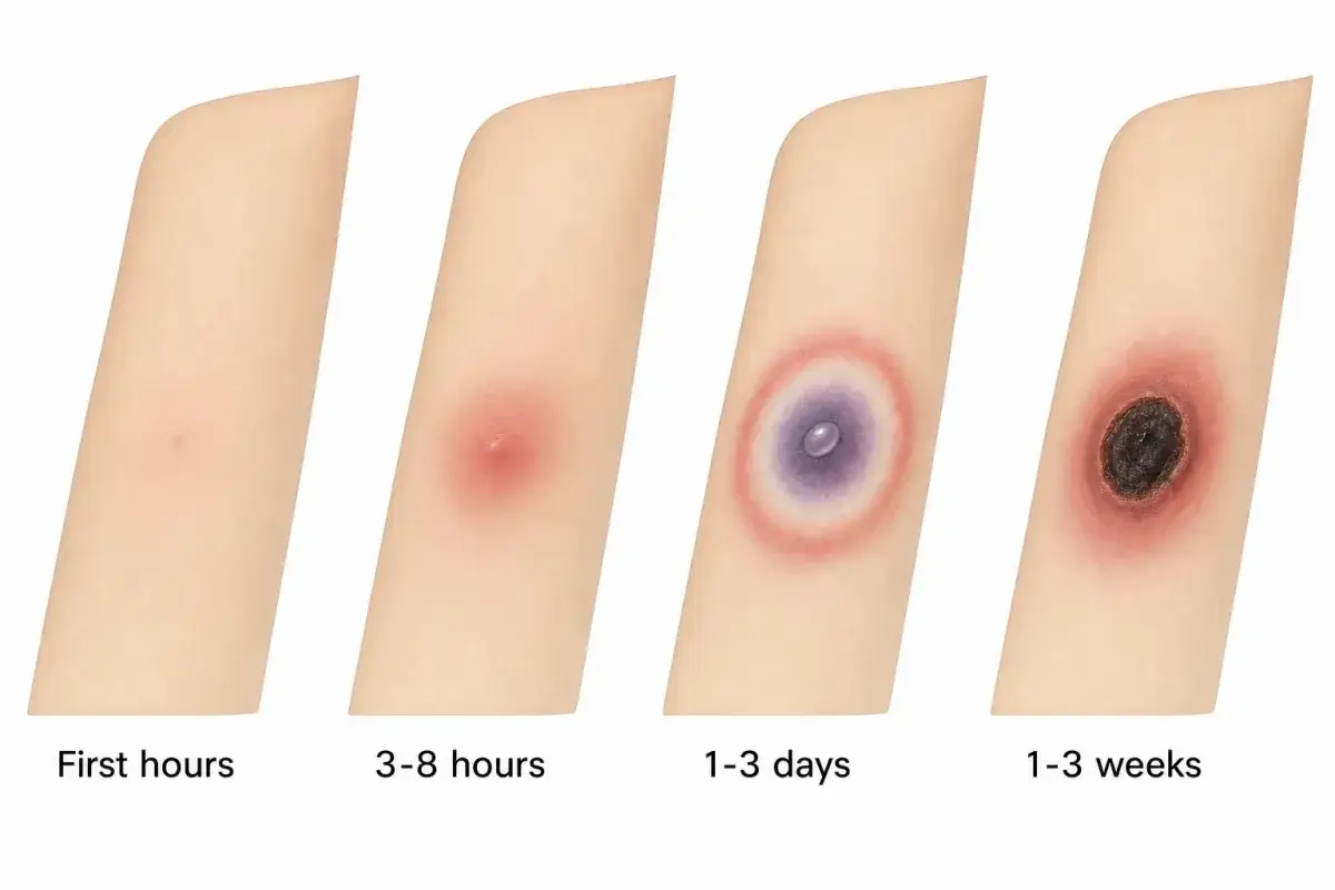 Illustrated diagram of four brown recluse bite stages: a faint red mark, a red swollen area, a red white and blue blister, and a dark scab
