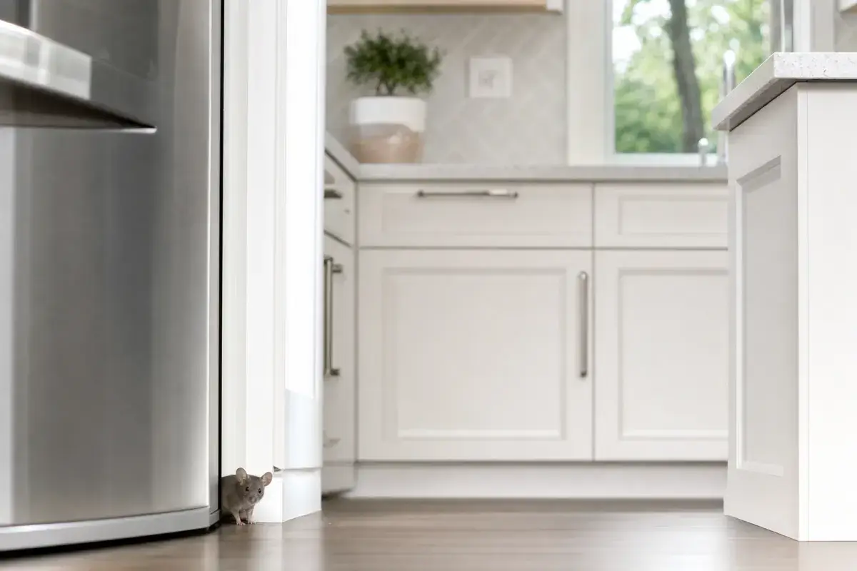 House mouse peeking out from beside a refrigerator in a clean modern kitchen