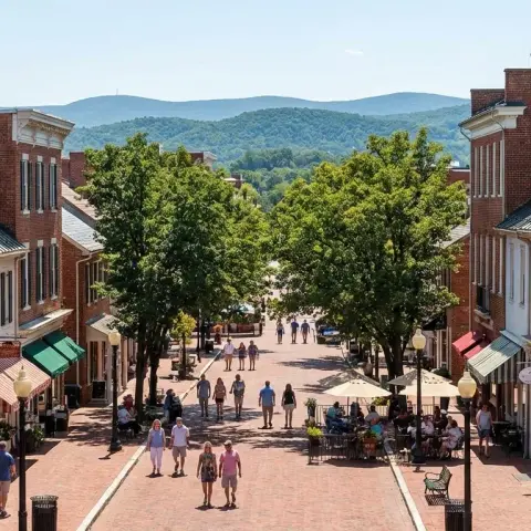 Historic downtown Winchester Virginia with brick buildings and Blue Ridge Mountain views
