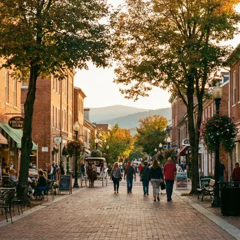 Historic Old Town Winchester, Virginia with brick storefronts and mature trees along Loudoun Street in the Shenandoah Valley