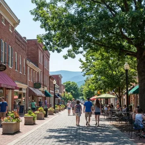 Old Town Winchester pedestrian walking mall with historic brick buildings and mature shade trees