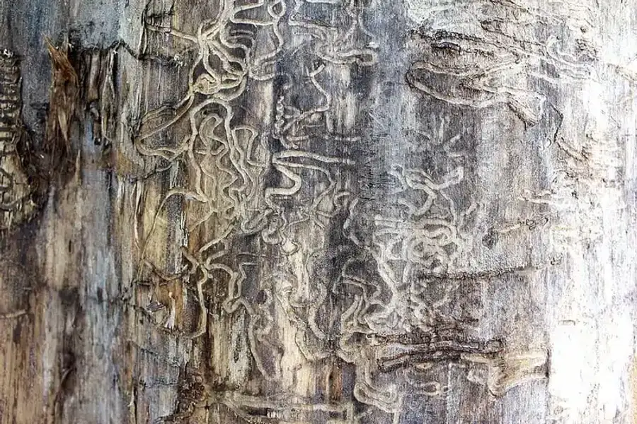 Wood borer damage on tree bark