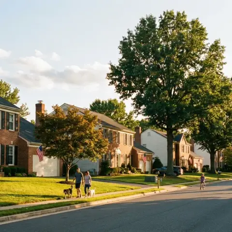 Suburban neighborhood street in Woodbridge Virginia with colonial homes and mature trees