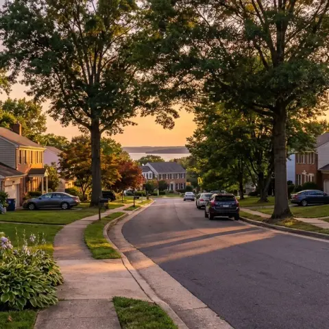 Suburban neighborhood street in Woodbridge Virginia with mature trees and well-maintained homes