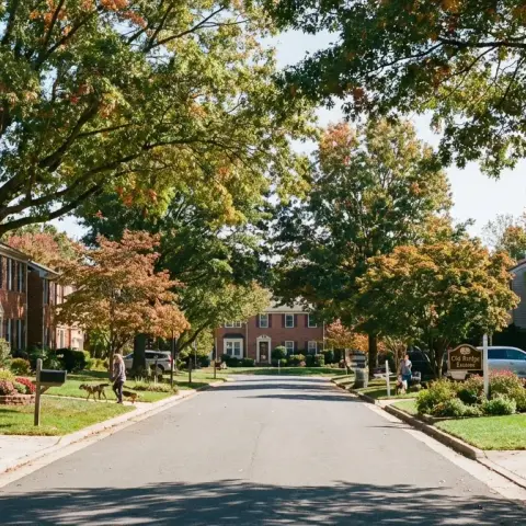 Suburban neighborhood street in Woodbridge, Virginia with brick homes and mature trees
