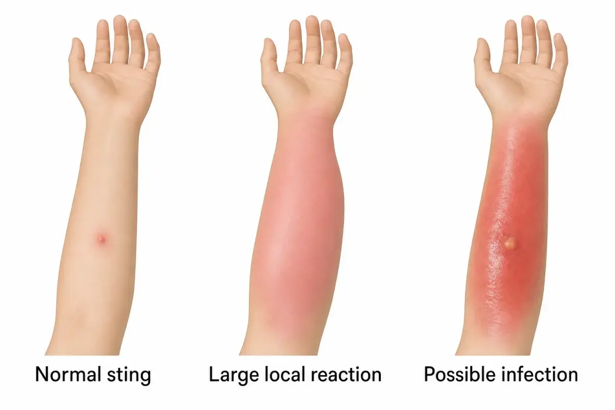 Illustration comparing three forearms: a small red bump from a normal sting, wide pink swelling from a large local reaction, and spreading shiny redness from a possible infection